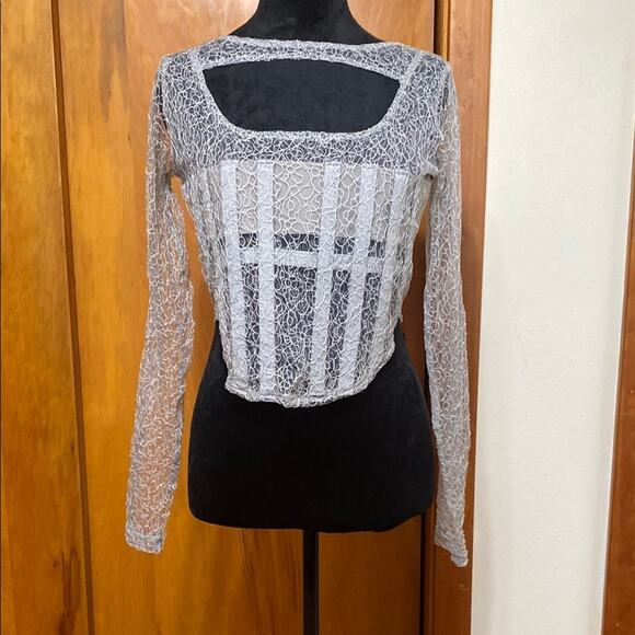 Maniere De Voir Sheer Gray Lace Abstract Pattern Long Sleeve Top Corset Zip Back - Picture 1 of 8